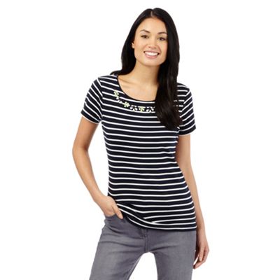 Maine New England Navy striped jewel embellished neck top
